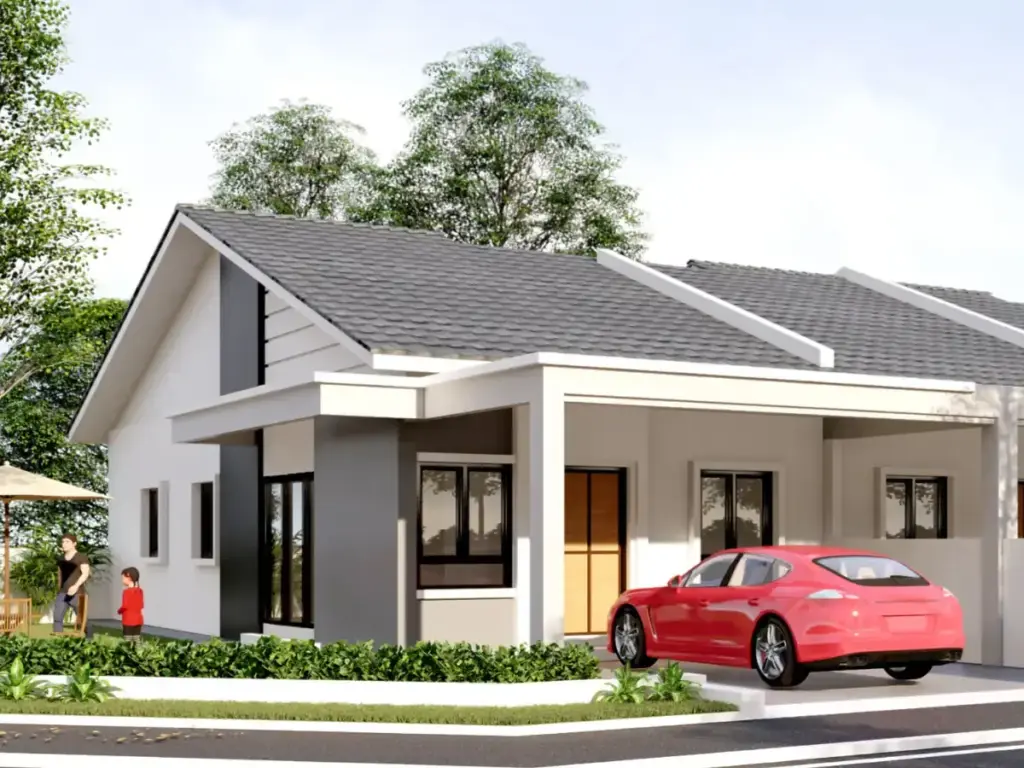 single storey terrace with red car at parking area