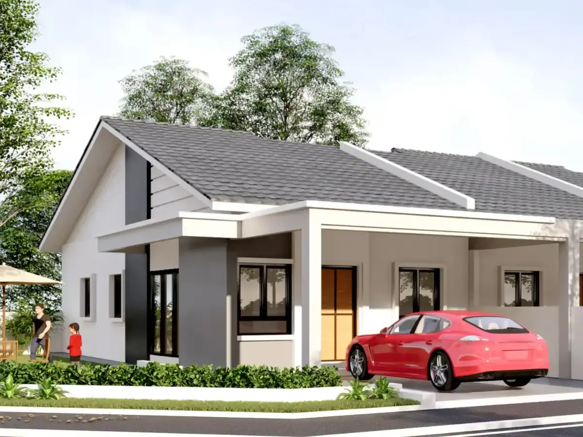 single storey terrace with red car at parking area